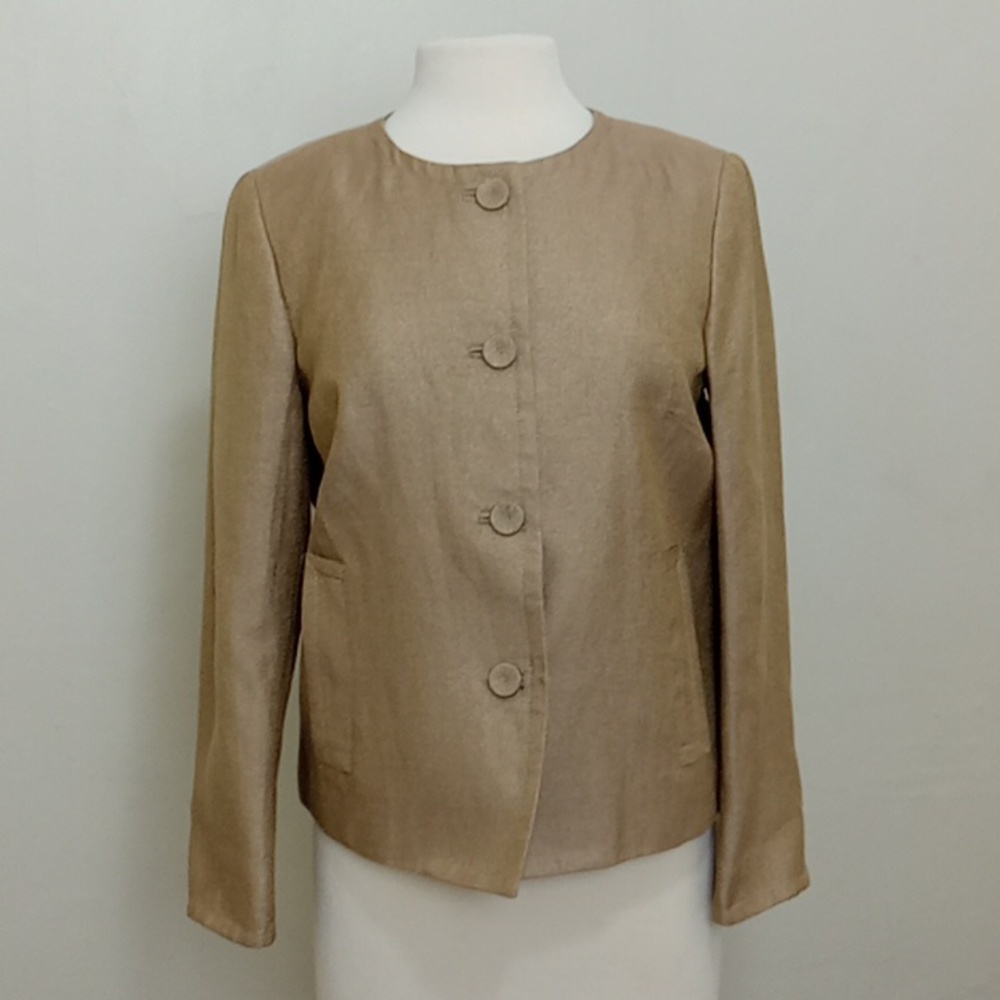 Talbots Size 8 Gold Metallic Tan 4 Button Linen Blend Blazer